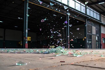 Shattered glass and broken fragments of reality hang suspended in mid-air, casting a kaleidoscope of colors across the darkened environment, shattered world, broken dreams, distorted landscape