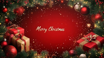 Merry Christmas text on red christmas background with some golden light dots, There are pine needles, gift boxes, and other decorations. 