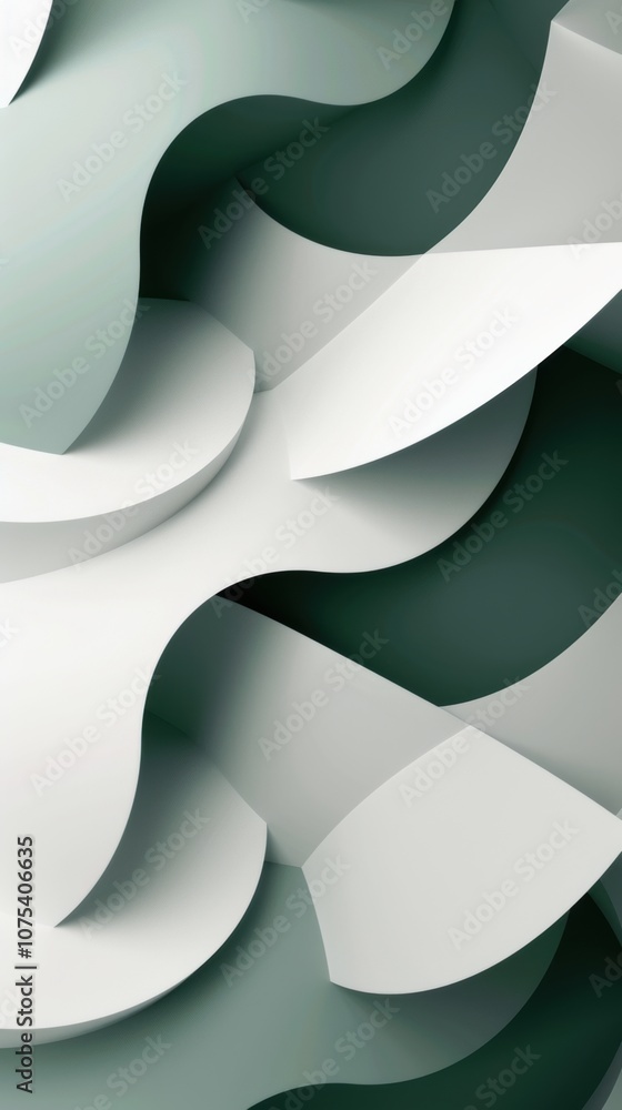 Poster overlapping green and white shapes, engaging optical illusions that create a sense of depth and move