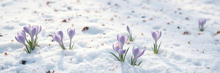 A sprinkling of pale purple crocuses radiate beauty on a snowy expanse of white, delicate, background