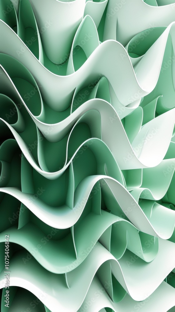 Poster intriguing depth in white and green overlapping shapes, a captivating exploration of optical illusio