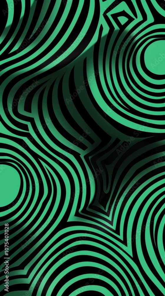Poster black and green overlapping shapes, mesmerizing optical illusions enhancing depth through intricate 