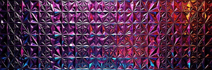 Glossy metallic surface with intricate geometric patterns and vibrant hues, avant-garde, metallic, futuristic