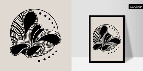 Wall art is hand-painted. Line art in black ink on a light background. Wavy lines with circles. Poster with geometric shape. Vector illustration. Design for print card, cover, wallpaper, home decor.