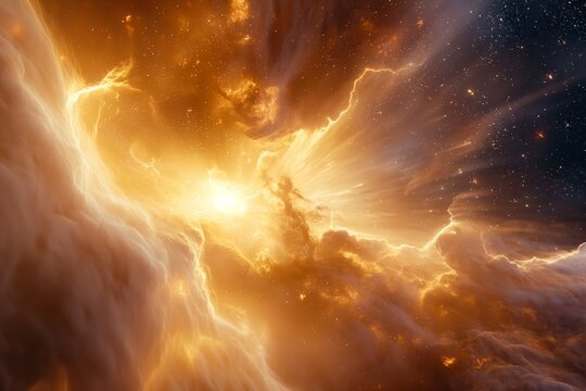 Illustration of God separating light from darkness, depicting a powerful celestial scene with bright golden light breaking through swirling clouds in space. Concept of creation and divine power.