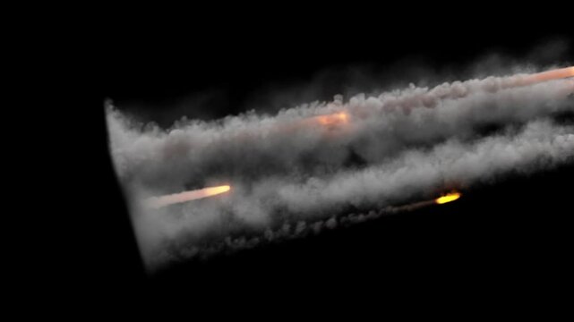 Video of a multiple rocket launcher firing missiles, two speeds included, transparent background from baked in alpha channel, 30p