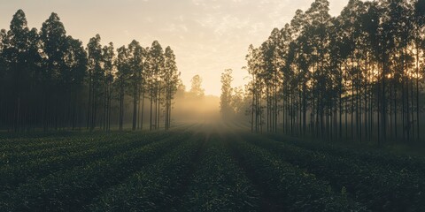 Serene rubber plantation at sunrise with rows of trees and light mist