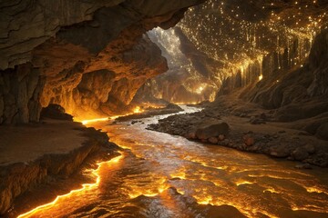 Fototapeta premium A river of molten gold flows through a cavernous landscape of crystalline formations and glittering gemstones, liquid gold rivers, mystical caverns