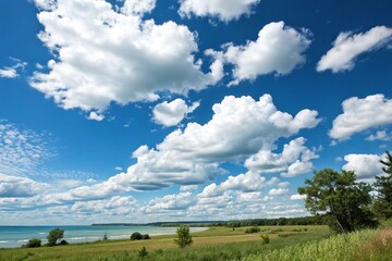 clouds drifting lazily across a bright blue sky, gentle breeze, natural scenery