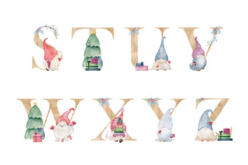 Watercolor christmas gnomes letters.