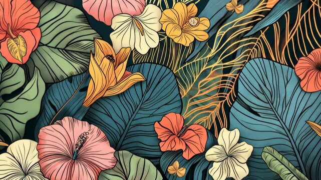 Modern colorful tropical floral pattern, hand-drawn unique animation.