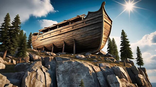 Wooden Ark Resting on Mountain Top Under Bright Sky

