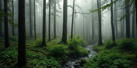 Obraz premium Misty morning in a dense green forest with towering trees and a winding stream, stream, wilderness