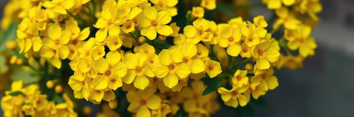 Fototapeta premium Vibrant yellow flowers blooming in clusters, tropical plants, garden blooms, nature scenery