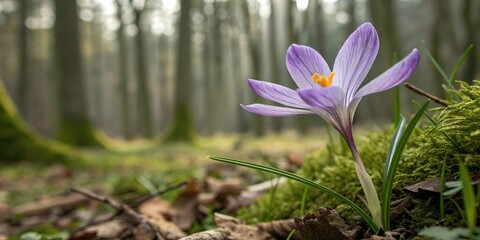 Fototapeta premium Close-up of a single purple crocus flower, with delicate petals and golden center, set against a soft green forest background, nature photography, purple crocus, close up
