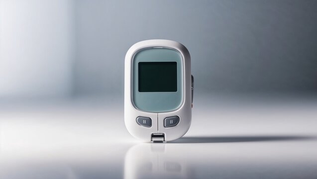 Close-up of a digital blood glucose meter on a smooth surface with soft lighting