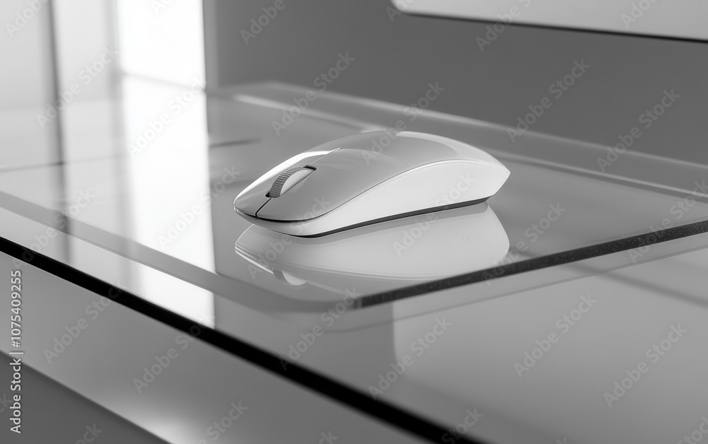 Poster a sleek white computer mouse resting on a modern glass surface, emphasizing minimalistic design.