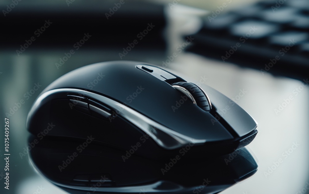 Aufkleber a sleek black computer mouse resting on a reflective surface, designed for ergonomic use.