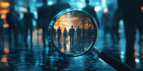 Magnifying glass highlighting a manager icon among staff icons, representing recruitment and leadership
