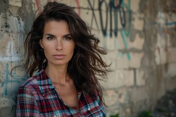 Obraz premium Italian Woman. Portrait of a Candid Mother in Her Forties with Dark Hair in Urban Setting
