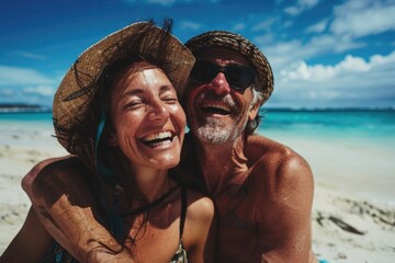 Fototapeta premium Laughing Beach. Happy Couple Enjoying Holiday by the Beautiful Seaside
