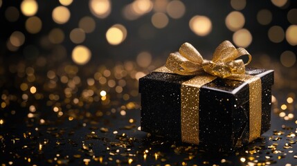 Gift box. Gold color gift box icon on black background. Gold gift box. Gift wrap. Celebration, Surprise, Love.