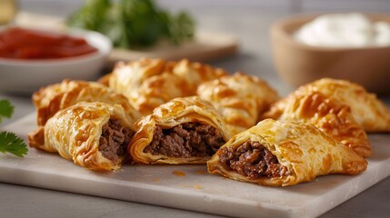 halal street food cuisine. Savory beef-filled pastries with golden flaky crust, served with dipping sauces, garnished with fresh herbs.