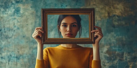 Woman holding a frame, representing boundaries or refusal to participate