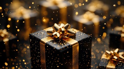 Gift box. Gold color gift box icon on black background. Gold gift box. Gift wrap. Celebration, Surprise, Love.