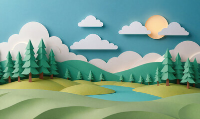 A papercraft landscape with a winding river, lush green hills, and a sun shining in a blue sky
