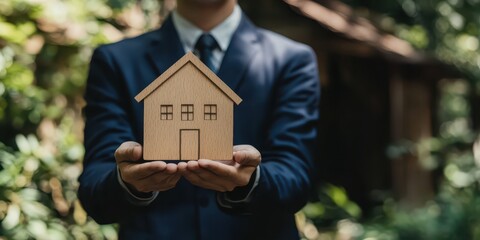 Businessman holding a house icon with investment graphics overlay, symbolizing real estate investment and financial planning