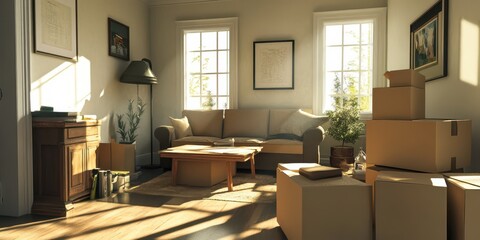 Living room with cardboard boxes, sofa, and table on moving day, capturing a fresh start