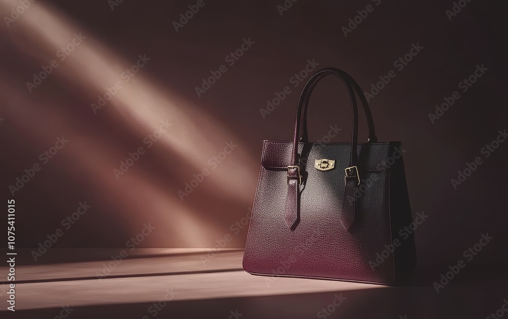 Poster a stylish handbag elegantly displayed with soft lighting, highlighting its design and texture.