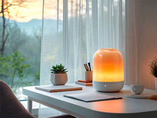 Modern desk with warm ambient lamp and plants by the window at sunset. 