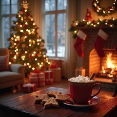 Christmas tree and setting hot drinks and cookies