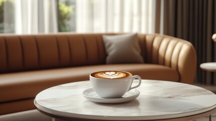A cozy scene featuring a latte art coffee cup on a marble table in a stylish living room.