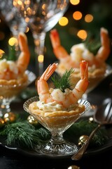 Tartlets with creamy appetizer, decorated with shrimps on a festively served table. Holiday snacks.