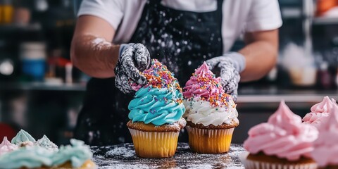 Baker decorating cupcakes with colorful icing and sprinkles, highlighting the joy of baking