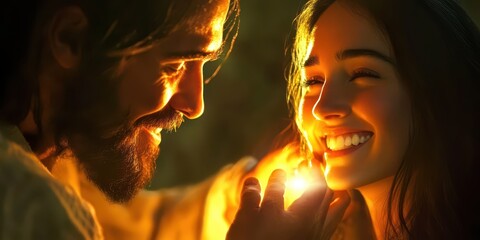 Close-up of Jesus healing a woman, his hands glowing warmly as she smiles with relief