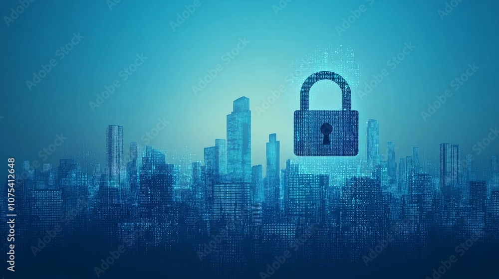 Poster digital lock over a cityscape of buildings constructed from code