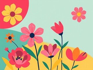Bold geometric shapes inspired by flowers in a vibrant and abstract color scheme, colorful patterns, decorative elements, modern wallpaper