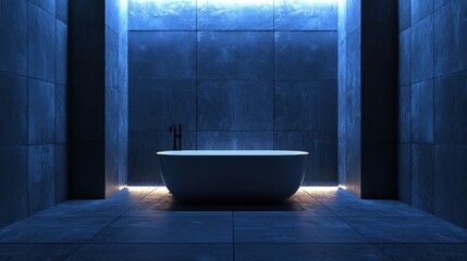 A large bathtub is in a room with blue walls