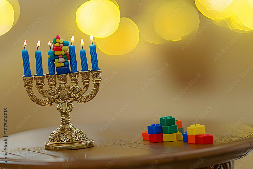 Poster a menorah with colorful candles and building blocks on a table, creating a festive atmosphere.