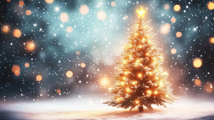 Naklejka premium Beautiful Christmas Background with Copy Space for Design and Text, Featuring New Year Tree and Christmas Tree Toys