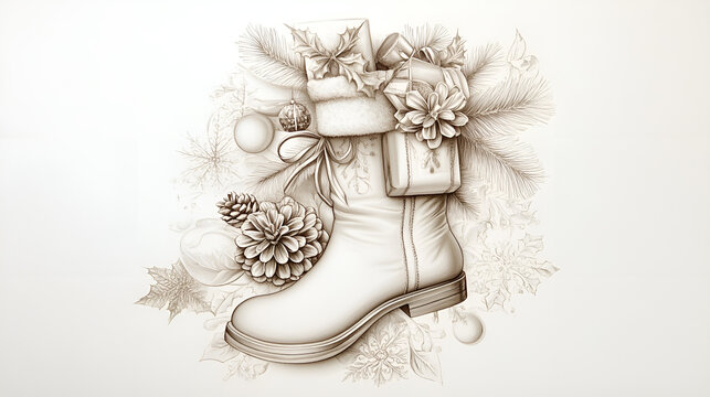 Artistic illustration of a festive boot decorated with holiday elements and floral arrangements