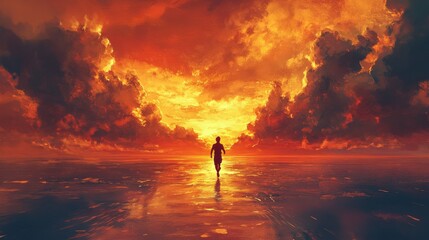 Fototapeta premium A lone figure walking towards a fiery sunset sky