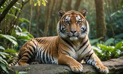 Obraz premium A tiger rests on a rock in a lush forest, its stripes blending seamlessly with the shadows