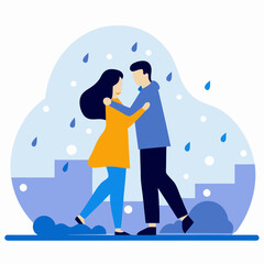 A couple is walking in the rain, with the man holding the woman's hand. Scene is romantic and intimate, as the couple shares a moment together despite the weather