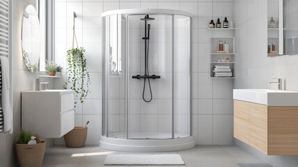 A bathroom with a shower stall and a sink