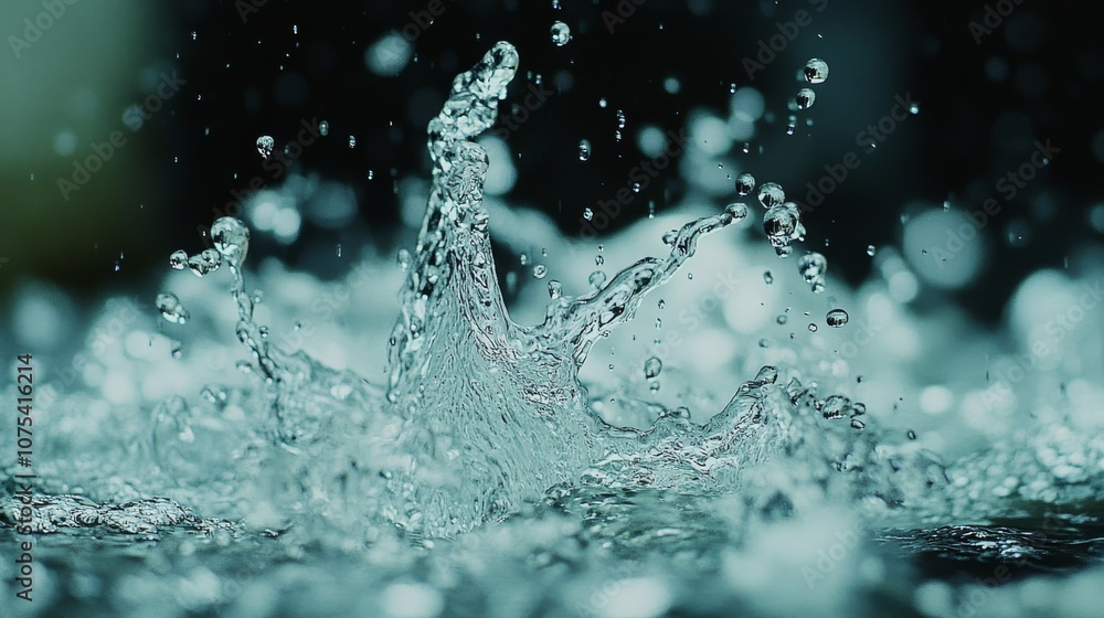 Poster close-up of a water splash with droplets and bokeh